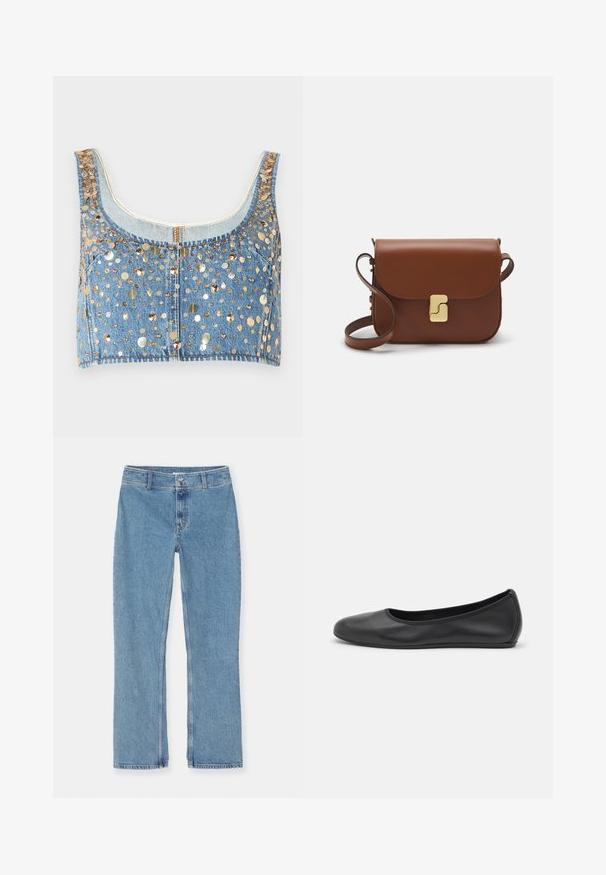 FRAME THE CHAMPAGNE - Top - gold coloured; Weißes kurzärmliges T-Shirt aus geripptem Stoff. Runder Halsausschnitt, normale Passform und dezente Nähte. Keine Muster oder Grafiken.; Helle blaue gerade geschnittene Jeans aus Denim mit Knopf- und Reißverschluss, Gürtelschlaufen und Standardnähten auf weißem Hintergrund.; Schwarze Leder-Ballettschuhe mit abgerundeter Spitze, glatter Textur, minimalen Nähdetails und einem flexiblen Sohlen-Design.; Braune Ledertasche mit Klappenverschluss, Beschlägen in Goldfarbe, einem Schultergurt und einer glatten Oberfläche. Kompakte rechteckige Form.