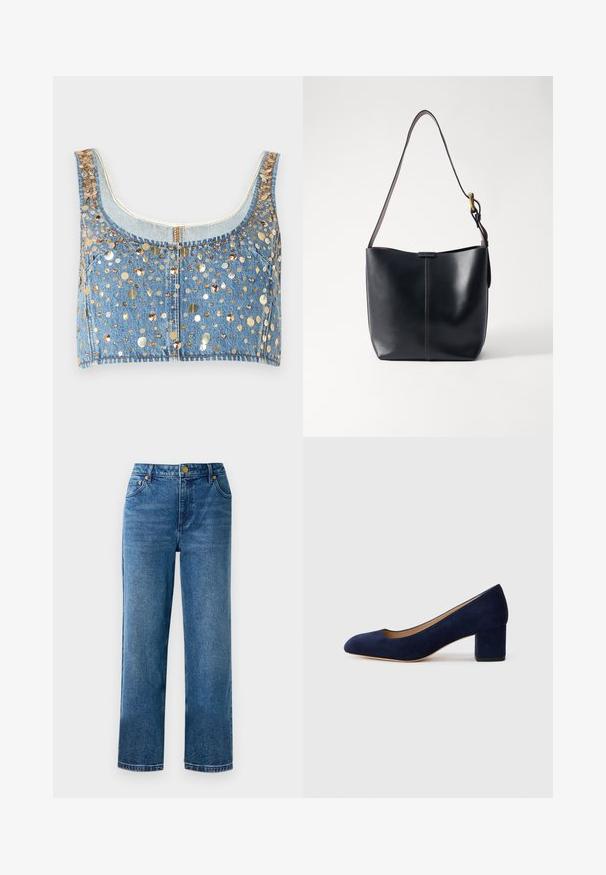 FRAME THE CHAMPAGNE - Top - gold coloured; Plave traperice visokog struka ravnog kroja, napravljene od denima, sa pet džepova i detaljima u zlatnoj boji.; Tamno plava suede salonka s šiljastim vrhom i blok petom srednje visine. Glatka tekstura s blagim sjajem i malim izrezom sprijeda.; Crna kožna torba za rame s glatkom teksturom, s tankim dugim remenom i diskretnim šavom u sredini.
