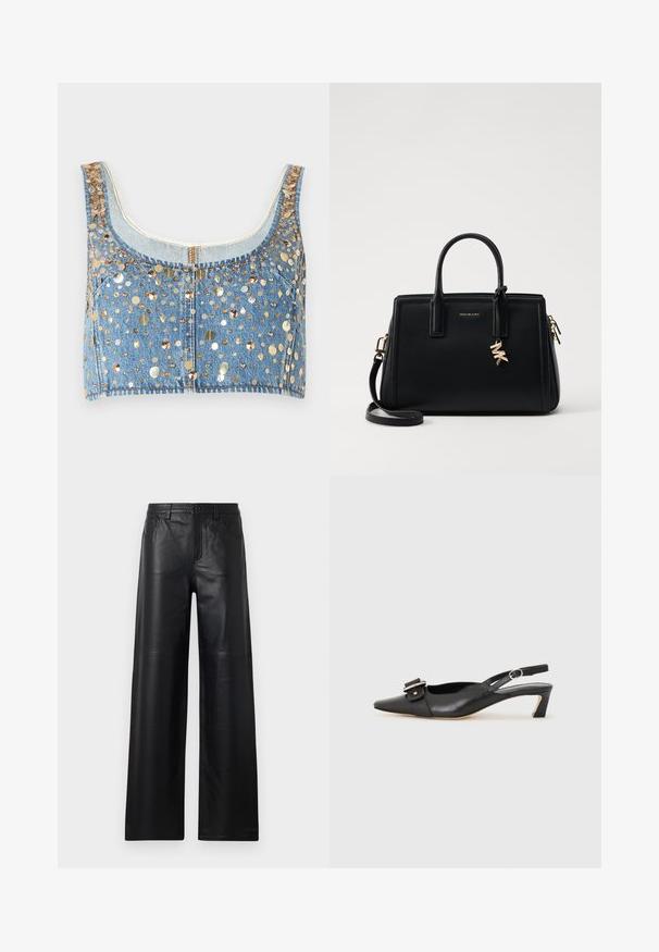 FRAME THE CHAMPAGNE - Top - gold coloured; Zwarte leren broek met wijde pijpen en een gladde textuur, voorzien van voorzakken, een knoopsluiting en subtiele stiksels.; Zwarte leren slingback schoen met scherpe neus, kleine hak en decoratieve gespdetails op de bovenkant. Stijlvolle textuur, minimalistisch ontwerp.; Zwarte leren handtas met gestructureerd ontwerp, dubbele handvatten aan de bovenkant, afneembare schouderband, gouden hardware en een logo charm accent.