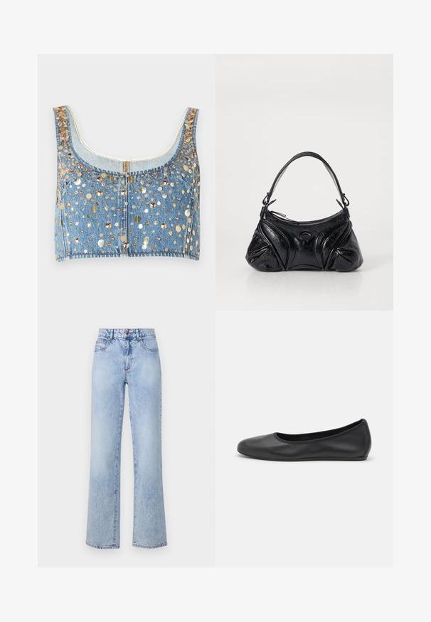 FRAME THE CHAMPAGNE - Top - gold coloured; Lichtblauwe high-waisted jeans met een rechte pijp, voorzien van vervaagde denimtextuur, rode stikselaccenten en een klassieke vijfzakkenontwerp.; Zwarte leren ballerina met een ronde neus, gladde textuur, minimale stikdetails en een flexibele zoolontwerp.; Zwarte handtas van gestructureerd leer met een afgeronde vorm. Beschikt over een dunne schouderband en decoratieve reliëfpatronen.