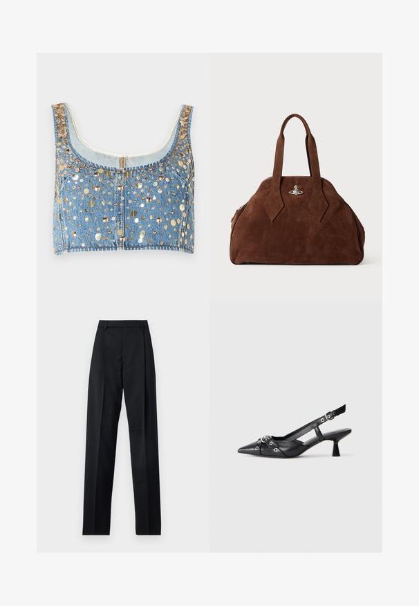 FRAME THE CHAMPAGNE - Top - gold coloured; Pantaloni neri realizzati in tessuto morbido, caratterizzati da vita alta, gambe larghe, pince frontali e classiche passanti per cintura. Non ci sono tasche laterali visibili.; Scarpa slingback nera in pelle con punta affusolata, cinturini decorativi con occhielli metallici e tacco basso a blocco. Superficie testurizzata.; Borsa in suede marrone con una forma strutturata, corpo arrotondato e manici a forma di diamante allungati. Presenta una chiusura in metallo argentato.