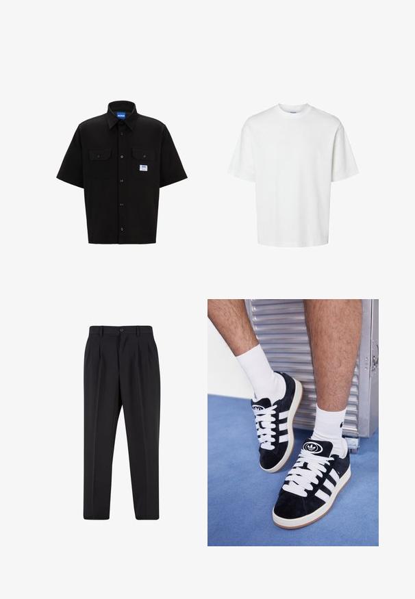 Camicetta nera a maniche corte con colletto strutturato, due tasche frontali, chiusura con bottoni e un piccolo logo blu e bianco sul lato sinistro.; T-shirt bianco in cotone con maniche corte, scollo rotondo e vestibilità rilassata. Texture liscia senza pattern o dettagli visibili.; Pantaloni neri con design a pieghe sul davanti, realizzati in tessuto morbido. Presentano una chiusura con bottone e passanti per cintura; vestibilità a gamba dritta.; Sneakers in suede nero con lacci bianchi e tre strisce bianche. Presentano un logo circolare nero sulla linguetta e una suola in gomma color gomma.