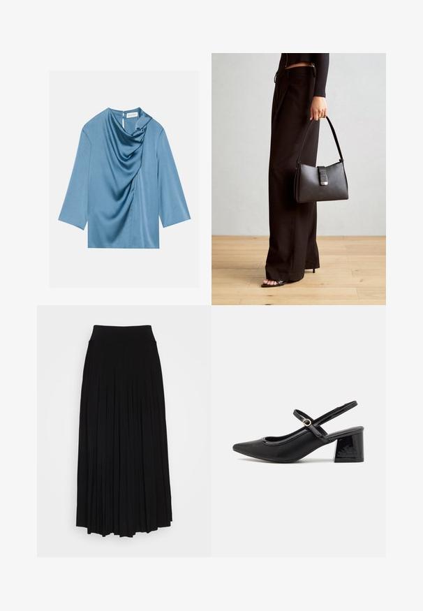 Blaue Satinbluse mit drapierter Vorderseite, rundem Ausschnitt und dreiviertellangen Ärmeln. Glatte Textur mit dezentem Glanz und einem Schlüssellochdetail im Rücken.; Schwarzer plissierter Rock mit breitem, dehnbarem Bund. Gefertigt aus weichem Stoff, mit vertikalen Falten für eine fließende Silhouette.; Schwarze Lackleder-Slingback-Absätze mit spitzer Zehenform, einem runden Ausschnitt-Design und einem Blockabsatz. Mit einem goldfarbenen Schnallenakzent.; Schwarze Handtasche mit strukturierter Form, glatter Textur und einem metallischen Verschluss. Kombiniert mit weiten schwarzen Hosen und offenen Sandalen auf einem Holzboden.