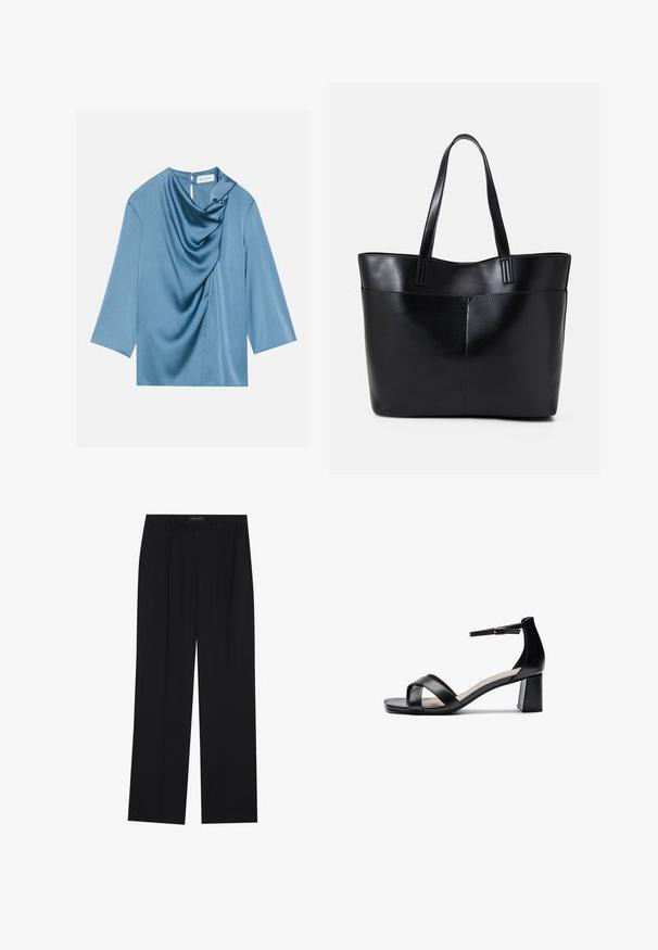 Modra satenska bluza z drapiranim sprednjim delom, okroglim izrezom in tremi četrtinami rokavov. Gladka tekstura z subtilnim sijajem in ključavnico na hrbtni strani.; Črne hlače s ravnim krojem, ki imajo dva sprednja žepa in pas. Narejene so iz gladkega, lahkega materiala.; Črne odprte sandale s peto, ki imajo križane naramnice, nastavljivo zapestnico in debelo peto, z gladko usnjeno teksturo.; Črna usnjena torba z dvema dolgima ročajema, gladko teksturo in strukturirano obliko. Ima sprednji žep za dodatno shranjevanje.