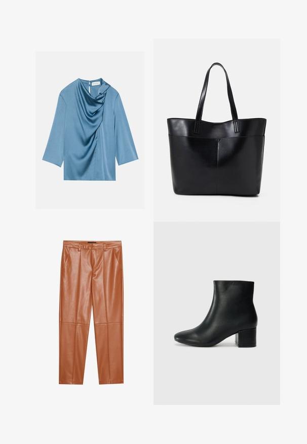 Blå satinbluse med draperet front, rund halsudskæring og trekvartærmer. Glat tekstur med en subtil glans og nøglehul detail på ryggen.; Brune faux læderbukser med en skræddersyet pasform, der har frontfolder og lige ben. Glat tekstur uden synligt hardware eller detaljer.; Sorte læder ankelstøvler med spids tå og en kraftig hæl. Glat tekstur med minimale detaljer og et slankt, tætsiddende design.; Sort læder tote taske med to lange håndtag, en glat tekstur og en struktureret form. Har en forlommem for ekstra opbevaring.