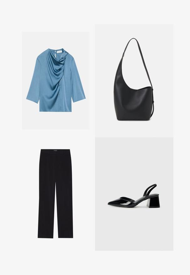 Niebieska satynowa bluzka z drapowanym przodem, okrągłym dekoltem i rękawami 3/4. Gładka faktura z subtelnym połyskiem oraz zapięciem na plecach w kształcie łezki.; Czarne spodnie z korduroju o prostym kroju, z płaskim pasem i bez widocznych kieszeni, gładką teksturą oraz pionowymi wypustkami.; Czarne lakierowane półbuty na obcasie z wydłużonym noskiem i geometrycznym słupkiem. Charakteryzują się eleganckim, minimalistycznym designem oraz gładką fakturą.; Czarna skórzana torba hobo o gładkiej fakturze, zaokrąglonym kształcie i pojedynczym, regulowanym pasku; posiada szerokie otwarcie na górze.
