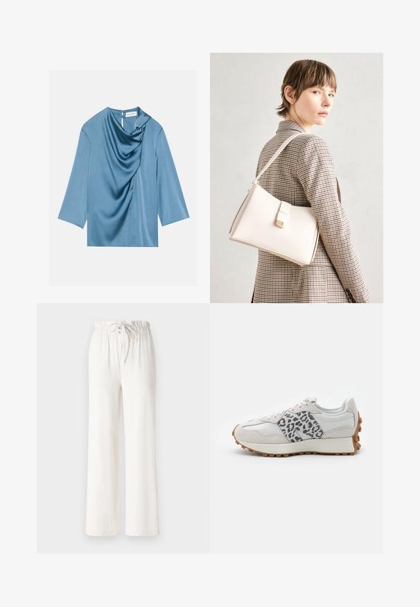 Blusa di satin blu con frontale drappeggiato, scollatura tonda e maniche a tre quarti. Texture liscia con una leggera lucentezza e dettaglio a chiave sul retro.; Pantaloni bianchi a gamba larga realizzati in tessuto morbido, con vita regolabile e texture liscia. Nessun motivo o decorazione visibile.; Sneaker bianco con accenti in stampa leopardata grigia, materiali in suede e pelle, suola testurizzata con battistrada in gomma, punta rotonda e design con lacci.; Borsa a mano in pelle bianca con un design strutturato, presente di un clasp magnetico e una tracolla, esposta su uno sfondo neutro.
