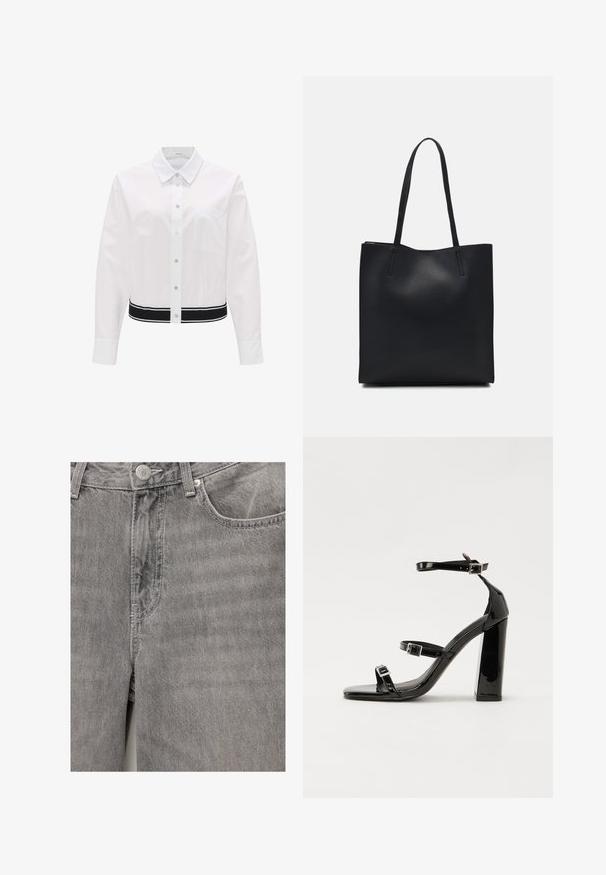 White collared shirt with a button front, long sleeves, and a black striped waistband. Features a chest pocket. Smooth texture, cotton blend.; Gray denim jeans with a smooth texture, featuring a front button and zipper closure, side pockets, and subtle stitching details.; Black patent heeled sandals with a square toe, ankle straps, and silver buckles. Features a chunky block heel for stability.; Black leather tote bag with smooth texture, rectangular shape, and two long handles. No visible hardware or embellishments.
