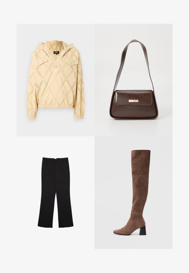 Svetlo rumena kapuca s puloverjem z diamanthastimi izrezi, elastičnimi manšetami in pasom. Ima gumbne žepke na prsih in blagovno znamko na etiketi.; Črne hlače ravnega kroja z naglavnimi žepi in stranskimi razporki na robu. Narejene iz mehke, gladke tkanine. Primerne za različne priložnosti.; Rjave čizme do kolen, izdelane iz mehkega semiša, z ostrim nosom in masivnim črnim peto. Oblikovanje vključuje brezšivno šivanje za eleganten videz.; Rjava usnjena torba za ramo z urejeno obliko, ki ima magnetno zapiranje na pokrovu in kovinski logotip na sprednji strani.