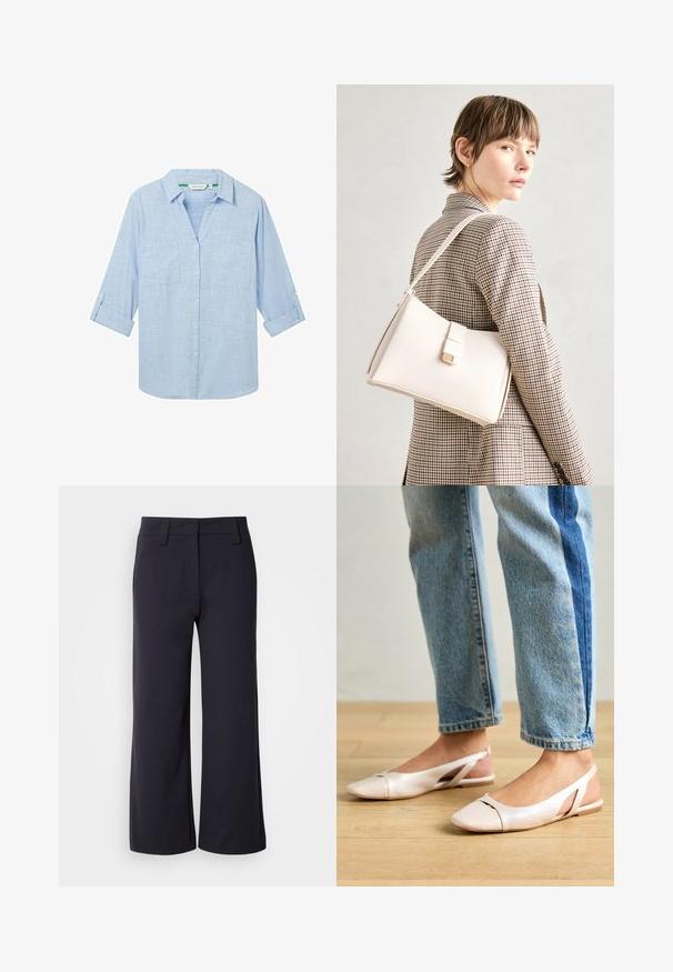 Hellblaues Langarmhemd aus strukturiertem Stoff. Verfügt über zwei Brusttaschen und hochrollbare Ärmel, die mit einer Lasche gesichert sind. Knopfverschluss vorne.; Weite Hosen aus dunklem Marineblau. Mit flachem Bund, Gürtelschlaufen und seitlichen Taschen. Das Material ist glatt und hat einen leichten Stretch.; Blassrosa Slingback-Ballerinas mit spitzem Punkt, aus einem glatten, lederähnlichen Material. Mit Ausschnitten an den Seiten und einem flachen Absatz.; Weiße Lederhandtasche mit strukturiertem Design, ausgestattet mit einem Magnetverschluss und einem Schulterriemen, präsentiert vor einem neutralen Hintergrund.