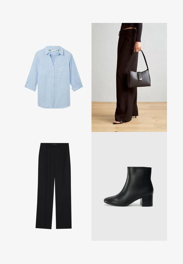 Világoskék, hosszú ujjú ing, mely texturált anyagból készült. Két mellzsebbel és felgöngyölhető, patenttal rögzített ujjakkal rendelkezik. Gombos elülső záródás.; Fekete nadrág egyenes szárú kialakítással, két első zsebbel és derékrésszel. Simának és könnyű anyagból készült.; Fekete bőr bokacsizma hegyes orral és vastag sarokkal. Sima felület minimális díszítéssel és karcsú, passzos kialakítással.; Fekete kézi táska strukturált formával, sima textúrával és fémből készült záródással. Széles fekete nadrággal és nyitott orrú szandállal párosítva, fából készült padlón.