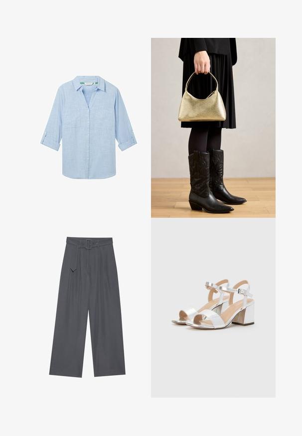 Gaiši zils, garām piedurknēm krekls, izgatavots no teksturēta auduma. Iekļauj divas krūšu kabatas un piedurknes, kuras var sarullēt un nostiprināt ar cilpiņām. Pogājams priekšpuses dizains.; Platas kājas bikses tumši pelēkā audumā ar jostu, piedāvājot priekšējos krokus un gludu tekstūru. Nav papildu rakstus vai akcentu.; Sudraba augstpapēžu sandales ar atvērtām pirkstiem, ar divām platām siksnām un noapaļu blokpapēdi. Gluda tekstūra ar metalizētu apdari.; Zeltīta, tekstūrēta rokassoma ar izliekumu un īsu rokturi, kuru tur persona, kas ģērbusies melnā plisētā svārku un melnās ādas kovboju zābakos.