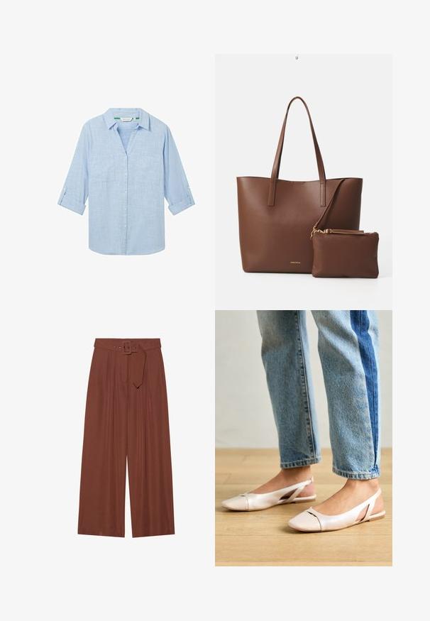 Gaiši zils, garām piedurknēm krekls, izgatavots no teksturēta auduma. Iekļauj divas krūšu kabatas un piedurknes, kuras var sarullēt un nostiprināt ar cilpiņām. Pogājams priekšpuses dizains.; Platas kājas bikses brūnā audumā, ar jostu ar kvadrāta sprādzi, plišu dizainu un gludu tekstūru.; Bālti rozā siksniņu dzīvokļi ar smailu purngalu, izgatavoti no gludas ādas līdzīgās materiāla. Iezīmē izgriezumu detaļas sānos un platu papēdi.; Brūns mākslīgās ādas somiņa ar divām garām rokturiem un atbilstošu mazu maciņu. Virsma ir ar strukturētu rakstu un zelta aksesuāriem.