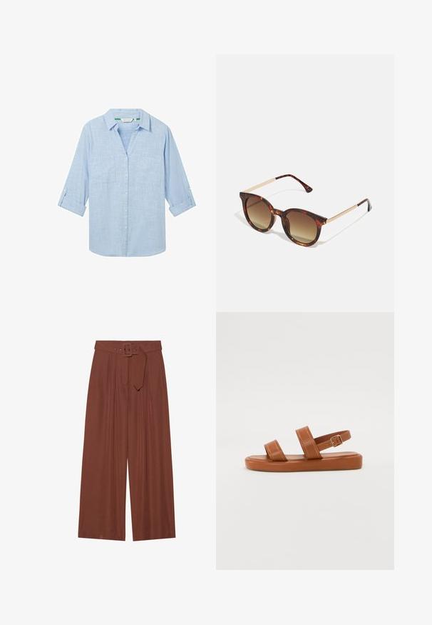Camicia azzurra chiara a maniche lunghe realizzata in un tessuto testurizzato. Presenta due tasche sul petto e maniche arrotolabili fissate con bottoni. Design con chiusura frontale a bottoni.; Pantaloni a gamba larga in tessuto marrone, con cintura a fibbia quadrata, design plissettato e texture liscia.; Sandali in pelle marrone con due cinturini larghi e un cinturino posteriore, caratterizzati da una suola piatta con dettagli di cucitura discreti e una fibbia in metallo.; Occhiali da sole tartarugati con lenti marroni sfumate, forma rotonda e rifiniture in metallo dorato sulle astine.; Borsa a mano bianca strutturata con manici corti e tracolla, dotata di dettagli in metallo dorato e materiale testurizzato, esposta su uno sfondo grigio.