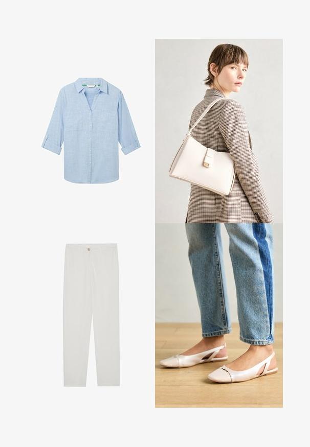 Cămașă albastru deschis, cu mâneci lungi, realizată dintr-un material texturat. Prezintă două buzunare pe piept și mâneci rulate, asigurate cu benzi. Design cu închidere prin butoni.; Pantaloni albi, croiți, cu un design drept al piciorului, având sistem de închidere cu nasture, bucle pentru curea și buzunare laterale; textură de țesătură netedă.; Sandalete plate de un roz pal cu vârf ascuțit, realizate dintr-un material asemănător pielii, neted. Prezintă detalii decupate pe laterale și un toc plat.; Geantă de mână din piele albă cu un design structurat, având o închidere magnetică și un breteau, expusă pe un fundal neutru.