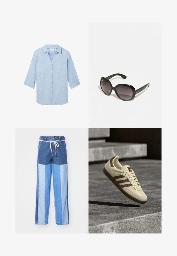 Light blue, long-sleeve shirt made of a textured fabric. Features two chest pockets and roll-up sleeves secured with tabs. Button front design.; Blue denim pants featuring a patchwork design with varying shades of blue, a drawstring waist, and loose, straight-cut legs.; Cream-colored sneaker with brown accents, textured side stripes, and a smooth leather finish. Features a lace-up design and rubber sole.; Black sunglasses with oversized, rounded frames. Lenses gradient from dark to light. Features a sleek, glossy finish and subtle logo accents on temples.