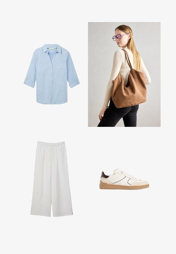 Light blue, long-sleeve shirt made of a textured fabric. Features two chest pockets and roll-up sleeves secured with tabs. Button front design.; White wide-leg trousers made of lightweight fabric, featuring an elastic waistband and a drawstring for adjustable fit. Smooth texture.; Stradivarius Trainers - white; Brown suede tote bag with soft texture, large opening, and long straps. Features a simple design with visible stitching and no hardware.