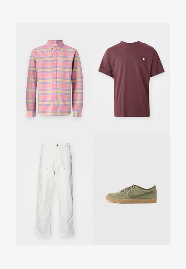 GAP STANDARD  - Marškiniai - pink madras; Burgundinė medvilninė trumpomis rankovėmis marškinėliai su apvalia iškirpte ir mažu baltu logotipu kairiajame krūtinės kampe. Lygi tekstūra, laisvas siluetas.; Balti medvilniniai kargo džinsai su laisvu siluetu. Ypatybės apima priekines kišenes, auksinius apdailos elementus ir sustiprintas kelio dalis.; Žalios suede sportbačiai su guminiu padu, apvaliu pirštu ir raištelių dizainu. Savyje turi Nike firminį logotipą tamsesnės žalios spalvos.