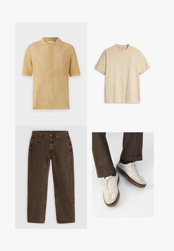 Camicia a maniche corte, con bottoni, in un leggero beige. Presenta un tessuto a maglia aperta e morbida con un motivo testurizzato e un colletto standard.; T-shirt in cotone beige con collo rotondo e maniche corte. Presenta un sottile logo "Levi's" dello stesso colore sul petto. Tessuto morbido.; Jeans in denim marrone con taglio dritto, cinque tasche, chiusura anteriore con bottone e dettagli di cucitura minimi. Texture morbida con finitura opaca.; Sneakers beige con una parte anteriore in suede testurizzato, lati in pelle liscia e una suola in gomma marrone. Inclusi lacci e dettagli di cucitura leggera.