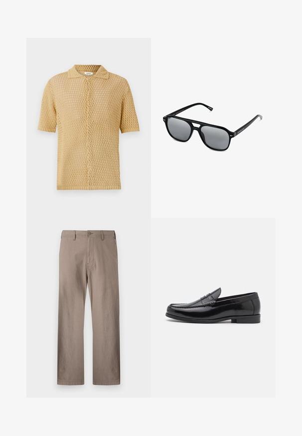 Camisa de manga corta y botones en un beige claro. Presenta un tejido suelto y abierto con un patrón texturizado y un cuello estándar.; Pantalones rectos color beige hechos de tela ligera con cierre de botón, que cuentan con bolsillos frontales y costuras limpias.; Mocasines de cuero negro con punta redonda, costuras decorativas y un tacón bajo. Textura suave con un brillo sutil. Diseño clásico sin adornos.; Gafas de sol negras con montura rectangular, lentes ahumados grises y diseño con corte en el puente. Material plástico brillante y elegante, con varillas estrechas.