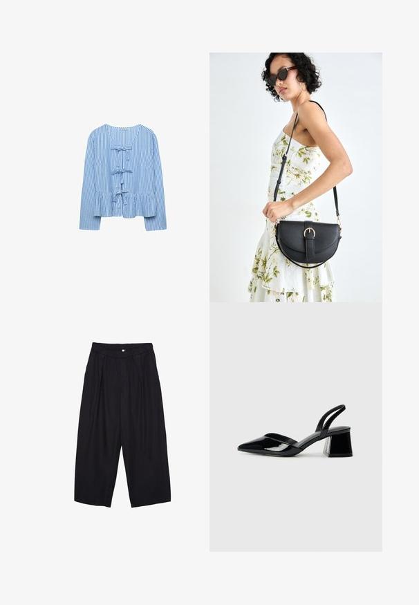 Stradivarius STRIPED WITH BOWS - Bluza - light blue; Črne poliesterske culotte hlače z elastičnim pasom, dvema sprednjima nabiranjema in ohlapnim krojem. Brez vidnih vzorcev ali kovinskih detajlov.; Črne lakirane slingback pete s koničastim nosom in geometrijsko blokasto peto. Imajo eleganten, minimalističen dizajn in gladko teksturo.; Črna usnjena torbica s ukrivljeno obliko, z odstranljivo naramnico in zlatimi dodatki. Torbica ima pokrov s podrobnostmi v obliki zaponke.