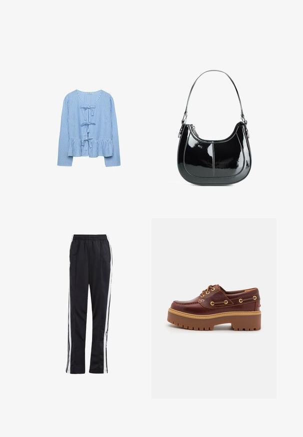 Stradivarius - Bluzka; Czarne spodnie dresowe z białymi paskami po bokach, elastycznym paskiem w talii i naszywką z logo. Wykonane z gładkiego, lekkiego materiału. Prosta nogawka.; Brązowe skórzane buty typu boat shoe z grubą brązową gumową podeszwą, złotymi oczkami i kontrastowym szwem. Posiadają logo na boku.; Czarna torebka z lakierowanej skóry o zaokrąglonym kształcie, zamykana na zamek, z pojedynczym paskiem na ramię, ozdobiona srebrnymi elementami i akcentami w szwie.