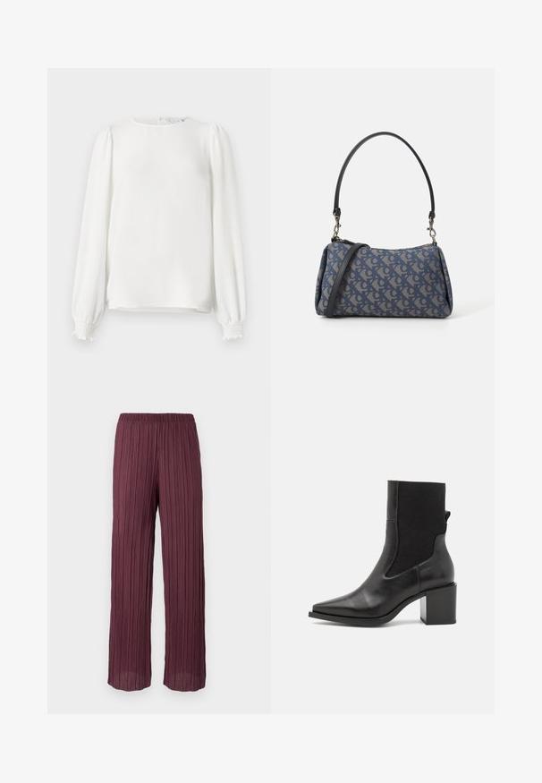 Blusa bianca a maniche lunghe realizzata in tessuto leggero, con scollo rotondo, maniche a sbuffo arricciate e polsini elasticizzati.; Pantaloni plissettati di un profondo bordeaux con vita elasticizzata, caratterizzati da un design fluido e a gamba larga, con pieghe verticali su tutta la superficie.; Stivale nero alla caviglia con punta affusolata, realizzato in pelle liscia e tessuto elastico. Caratterizzato da un tacco a blocco e un design minimalista.; Borsa a tracolla blu con motivo, realizzata in tessuto, caratterizzata da una forma curva, una tracolla in pelle nera e un logo in una tonalità più chiara.