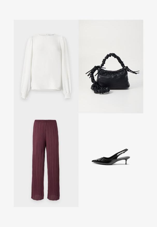 White long-sleeve blouse made from lightweight fabric, featuring a rounded neckline, gathered puff sleeves, and elastic cuffs.; Plisse trousers in deep burgundy with an elastic waistband, featuring a flowing, wide-leg design and vertical pleats throughout.; Black leather slingback heels with a pointed toe, small kitten heel, and a decorative knot detail on the front. Smooth texture throughout.; Black faux leather handbag with a crocodile texture, cinched top, and a scrunched strap. Appears soft and compact in design.