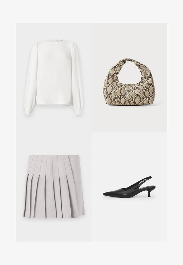 Fehér, hosszú ujjú blúz könnyű anyagból, kerek nyakkivágással, ráncolt puff ujjakkal és elasztikus mandzsettákkal.; Szürke pliszírozott szoknya sima textúrával, több függőleges redővel és testre simuló derékkal. Könnyű anyagból készült.; Fekete bőr szandálcipő hegyes orral és karcsú, ívelt sarokkal. Diszkrét, állítható pánttal rendelkezik, fém csattal.; Kígyómintás kézitáska ívelt fogantyúval. Texturált, bézs és barna anyagból készült, jellegzetes gyémántmintával.