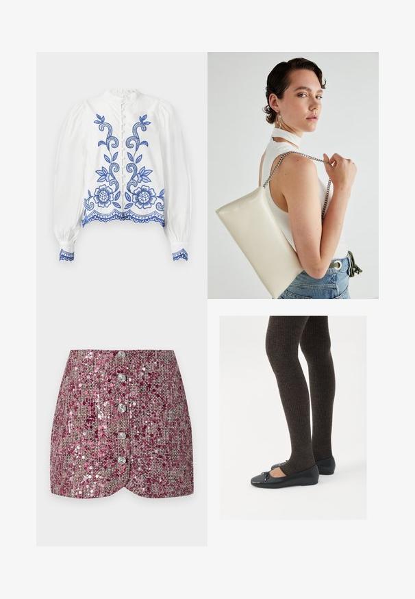 Blusa blanca con bordado floral azul, cuello redondo y mangas abullonadas. Presenta un cierre de botones y un borde de encaje en el bajo y en los puños.; Falda de lentejuelas rosas con un tejido texturizado, que presenta un diseño ajustado y cinco botones plateados en la parte delantera. Dobladillo moldeado y detalles brillantes.; Zapatos planos negros con un pequeño lazo en la punta, combinados con medias de punto en marrón oscuro. Los zapatos tienen una textura suave y un perfil bajo.; Bolso de mano rectangular blanco, hecho de un material brillante, con una cadena plateada. La modelo posa, mostrando el bolso frente a un fondo liso.
