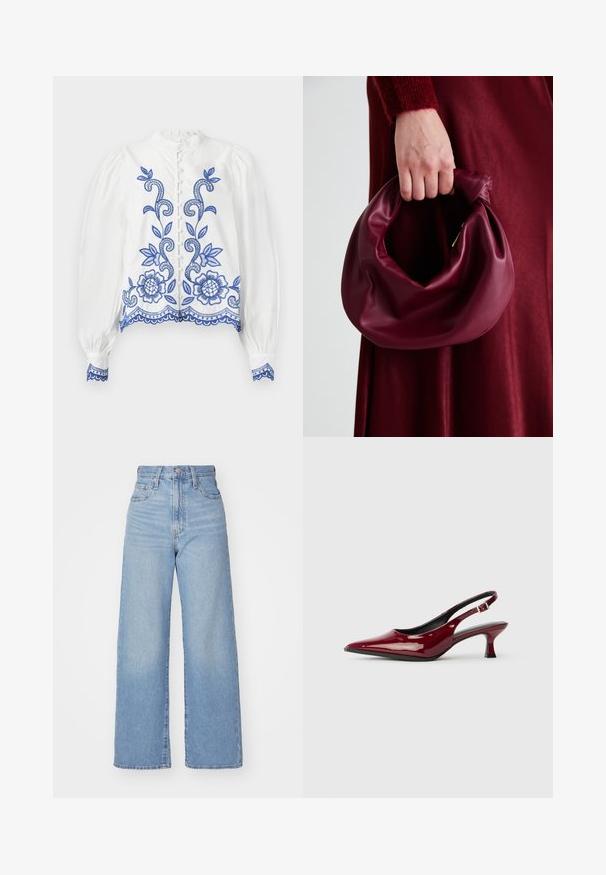 Blusa branca com bordado floral azul, gola arredondada e mangas bufantes. Apresenta um fecho de botão e acabamento em renda na barra e nos punhos.; Jeans de cintura alta e perna larga em azul claro, com fecho frontal de botão e zíper, bolsos frontais e traseiros, sobre um fundo branco.; Sapatos de salto slingback em couro patente bordô, com bico pontudo e um elegante salto stiletto. Design de costas abertas com detalhe de tira ajustável no tornozelo.; Bolsa de couro bordô com um design suave e franzido, e uma forma arredondada. A alça é fixa, apresentando uma textura suave.