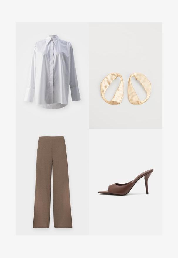 Bílá košile s dlouhým rukávem z hladké bavlněné směsi, která má klasický límec, centrální zapínání na knoflíky a široké manžety.; Hnědé široké kalhoty s plochým pasem, bez viditelných kapes nebo zapínání, zobrazené na bílém pozadí.; Hnědé kožené otevřené lodičky na vysokém podpatku s elegantním designem, které mají široký přední pás a štíhlý jehlový podpatek.; Pár nepravidelných oválných náušnic z kovu pozlaceného zlatem s texturovaným, mírně kladivkovým povrchem na bílém pozadí.