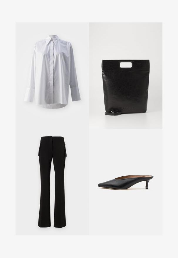 White long-sleeve shirt in a smooth cotton blend, featuring a classic collar, central button closure, and wide cuffs.; Black flared pants made of a smooth, stretchy material. Features a front button closure and side zip pockets for added utility.; Black leather mules with a pointed toe and low, block heel. Smooth texture with a sleek design. Open back with minimal detailing.; Black leather tote bag with a square handle, featuring a textured finish and embossed logo. Includes a detachable strap.