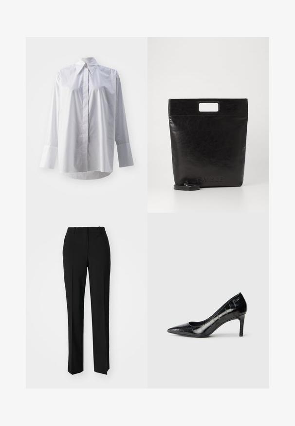 Vit långärmad skjorta i en mjuk bomullsblandning, med klassisk krage, mittknäppning och breda ärmslut.; Svarta skräddarsydda byxor med rak benform, med en slät yta och skarpa veck fram. Ingen synlig hårdvara.; Svarta spetsiga högklackade skor med glansig yta och subtilt mönster. Har en måttlig klack och öppen halsdesign.; Svart läder tote-väska med ett fyrkantigt handtag, med en texturerad yta och präglad logotyp. Inkluderar en avtagbar rem.