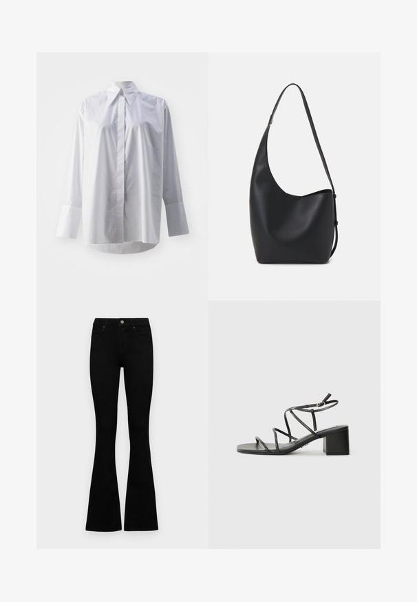 Fehér, hosszú ujjú ing, sima pamut keverékből készült, klasszikus gallérral, középső gombos záródással és széles mandzsettákkal.; Fekete, magas derekú farmernadrág gomb- és cipzárzárral, elülső zsebekkel és harangszárral, laposan egy fehér háttérre terítve.; Fekete pántos szandál négyzetes orral és vastag sarokkal, sima anyagból készült. Állítható bokapántokkal és minimális fém részletekkel rendelkezik.; Fekete bőr hobo táska sima textúrával, ívelt formával és egyetlen állítható pánttal; széles nyílás található a tetején.