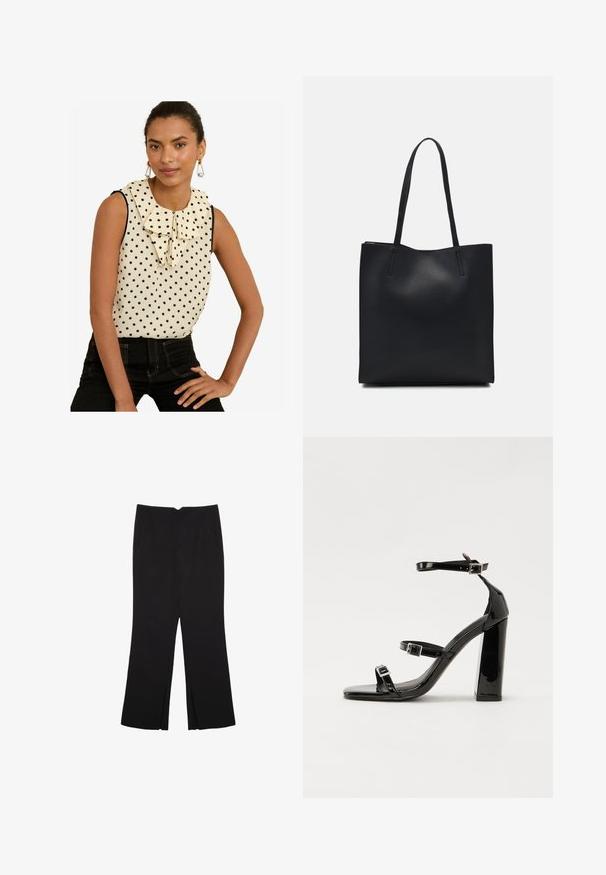 Udenærmet bluse i creme med sorte prikker, der har en stor flæsekant og sort kant. Sat sammen med højtaljede sorte jeans.; Sorte bukser med lige pasform, der har frontlommer og slidser i kanten. Lavet af blødt, glat stof. Velegnet til forskellige anledninger.; Sorte patenterede hælsandaler med firkantet tå, ankelremme og sølvspænder. Har en chunky blokHæl for stabilitet.; Sort læder tote taske med glat tekstur, rektangulær form og to lange hanke. Ingen synlig hardware eller udsmykninger.