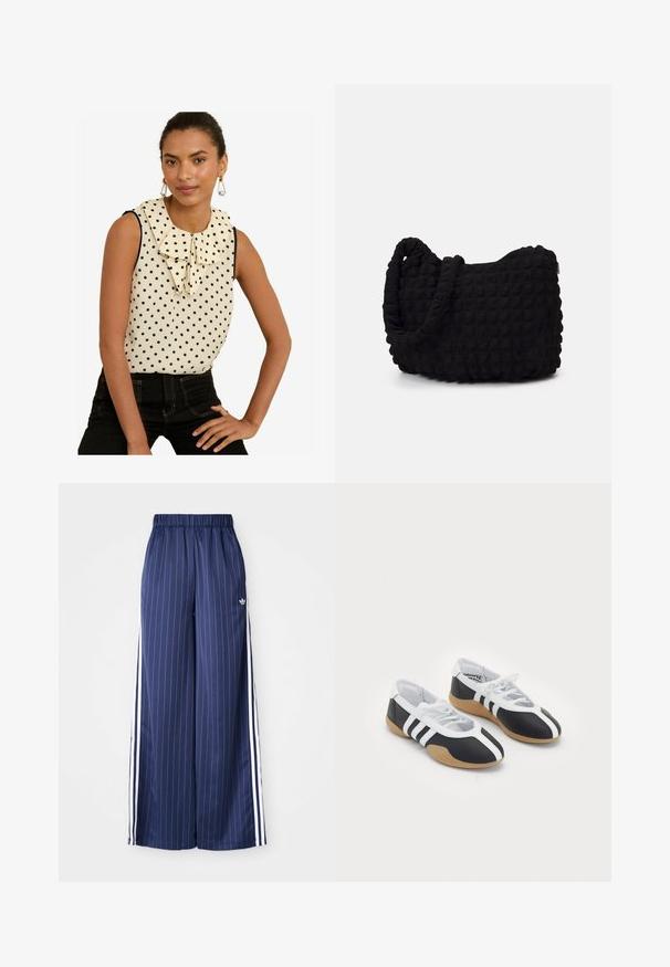 Mouwloos blousje in crème met zwarte stippen, voorzien van een grote ruches kraag en zwart randje. Gecombineerd met high-waisted zwarte jeans.; Navyblauwe wijde broek met verticale witte strepen, elastische tailleband en drie witte strepen aan elke kant, gemaakt van een lichtgewicht materiaal.; Zwart-witte sport schoenen met een slank ontwerp, rubberen zool, vetersluiting en drie witte strepen aan de zijkanten.; Zwarte stoffen tas met een gestructureerd, gewatteerd patroon. Rondvormig, korte, dikke handvatten en een zachte, flexibele structuur.