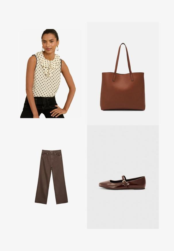 Ärmellose Bluse in Creme mit schwarzen Punkten, ausgestattet mit einem großen, rüschigen Kragen und schwarzem Besatz. Kombiniert mit hochgeschnittenen schwarzen Jeans.; Weite braune Jeans aus Denim, mit hoher Taille, Fronttaschen und klassischem Knopfverschluss. Glatte Textur mit feinen Nähten.; Braune Lackleder-Ballerinas mit quadratischer Zehenform und Riemen mit einer kleinen goldenen Schnalle. Glatte Textur, niedriger Absatz und minimalistisches Design.; Braune Leder-Tote mit glatter Textur, offenem Oberteil und zwei Schulterriemen. Verfügt über minimale Nähte und keine sichtbaren Beschläge.