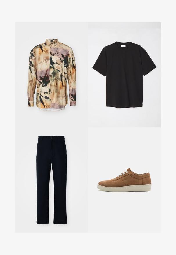 Camicia a maniche lunghe in tessuto trasparente con stampa floreale in colori tenui. Presenta un colletto con bottoni e bottoni frontali, con un orlo arrotondato.; T-shirt in cotone nero con colletto a girocollo, maniche corte e vestibilità comoda. Design semplice, texture liscia e senza motivi o loghi visibili.; Pantaloni color blu navy in cotone, con design a gamba dritta, chiusura con bottone frontale e vita classica con passanti per cintura.; Sneaker in suede marrone con lacci bianchi, punta rotonda e suola in gomma texturizzata. Presenta un accento cucito lungo il bordo della suola.