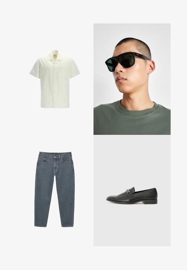 Cămașă cu mânecă scurtă din bumbac off-white, având un guler clasic, două buzunare pe piept și închidere cu nasturi. Textură netedă, fără modele.; Jeans din denim albastru închis cu o croială lejeră, design cu cinci buzunare, închidere cu buton și tiv ușor desfăcut. Material durabil cu o textură subtilă.; Pantofii negri din piele cu un finisaj neted, având un design cusut și un accent decorativ de lanț metalic peste partea de sus. Toc plat.; Ochelari de soare rectangulari negri cu lentile închise, având o formă distinctivă și branding pe templu. Purtați de o persoană într-o cămașă verde.
