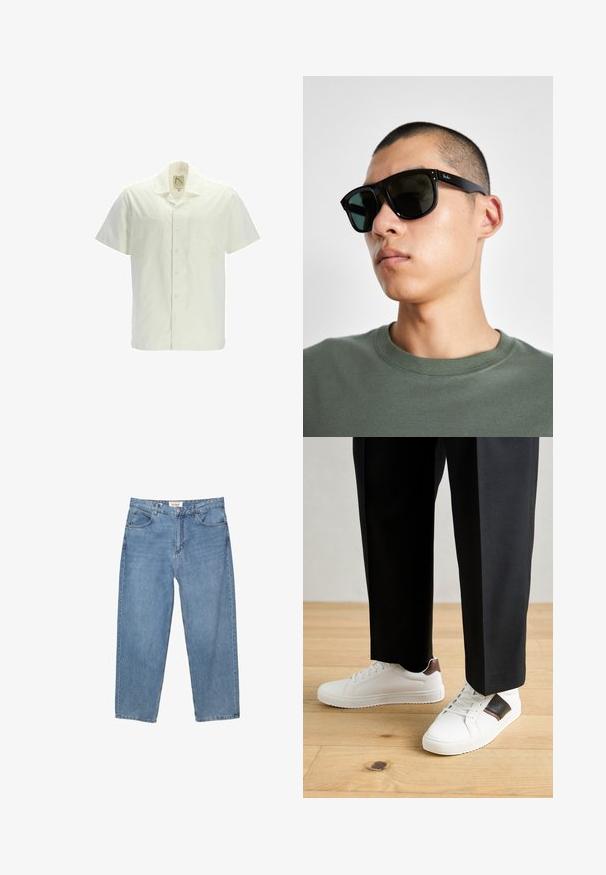 Kratka majica s kratkimi rokavi v off-white bombažu, z gumbi na sprednji strani, dvema žepoma na prsih in klasičnim ovratnikom. Gladka tekstura brez vzorcev.; Svetlo modri jeans z ravnim krojem, pet žepnim dizajnom in vidno blagovno znamko na pasu.; Beli športni copati z gladko teksturo, okrašeni z rjavimi usnjenimi detajli in črnimi poudarki, v kombinaciji s črnimi krojenimi hlačami. Ozadje iz lesenih tal.; Črne pravokotne sončna očala s temnimi lečami, ki imajo značilno obliko in blagovno znamko na ročaju. Nosijo jih oseba v zeleni majici.