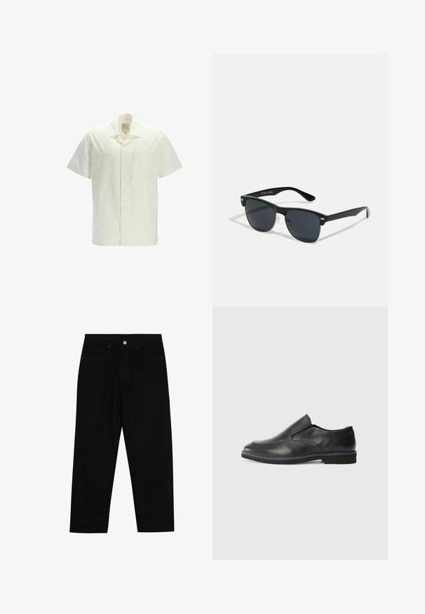 Camisa de manga corta en algodón color marfil, con un frente abotonado, dos bolsillos en el pecho y un cuello clásico. Textura suave sin patrones.; Pantalones de mezclilla negra con corte recto, diseño de cinco bolsillos y cierre frontal con botón. Textura suave con detalles de costura mínimos.; Zapato negro de cuero sin cordones con un upper suave, detalles de costura, punta redonda y un bajo tacón de goma. La suela presenta una tracción mínima.; Gafas de sol negras con forma rectangular, lentes oscuros, detalles plateados en las patillas y un acabado mate en la montura.