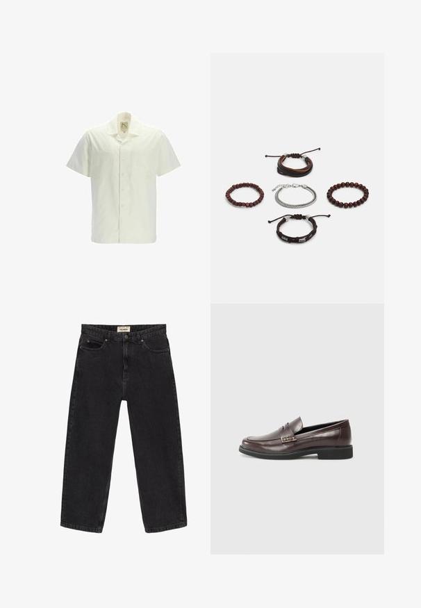 Košile s krátkým rukávem v barvě slonové kosti z bavlny, se zapínáním na knoflíky, dvěma kapsami na hrudi a klasickým límečkem. Hladký povrch bez vzorů.; Černé džíny z denimu s uvolněným střihem. Mají pět kapes, přední zapínání na knoflík a detaily prošití. Trochu vybledlá textura.; Hnědé kožené mokasíny s hladkým povrchem, které mají jemný prošitý detail na svršku a černou gumovou podrážku.; Sada pěti náramků obsahující hnědou kůži, dřevěné korálky a stříbrný řetěz; různorodé textury a tvary, s nastavitelnými uzávěry.