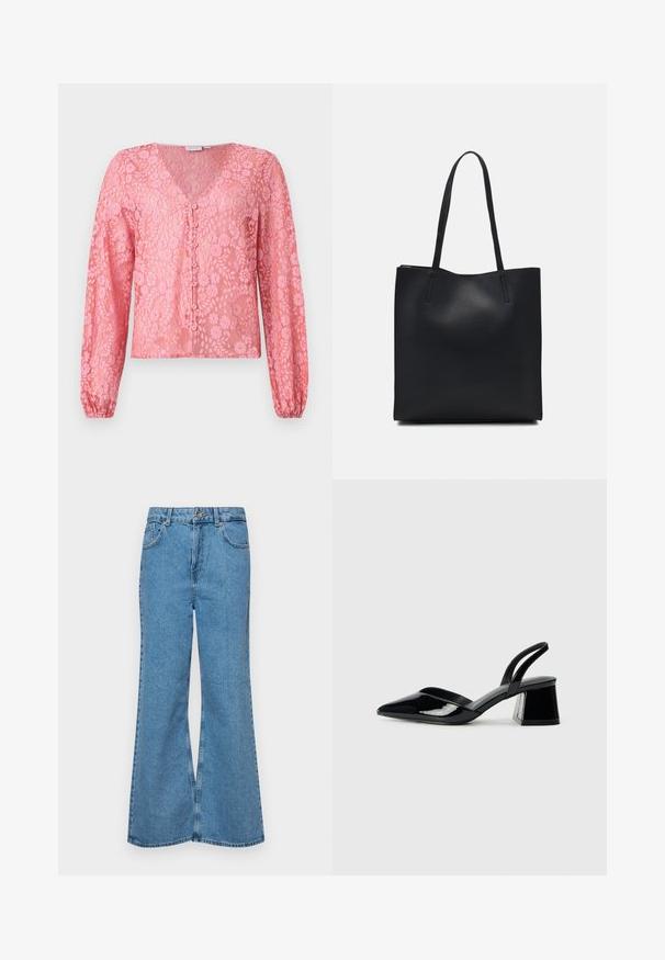 Pink lace blouse with long sleeves, deep V-neck, and button-down front. Floral pattern and textured fabric create a delicate appearance.; Light blue flared jeans made of denim, featuring a high waist, five pockets, and a single button closure. Soft texture with faded finish.; Black patent leather slingback heels with a pointed toe and a geometric block heel. Features a sleek, minimal design and smooth texture.; Black leather tote bag with smooth texture, rectangular shape, and two long handles. No visible hardware or embellishments.