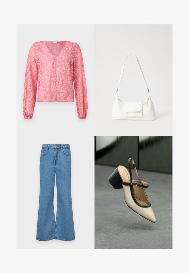 Roosa pitsbluus pika varrukaga, sügava V-kaelusega ja nööbiga ees. Lillemuster ja tekstureeritud kangas loovad õrna välimuse.; Heledad sinine flared teksade rõivad, millel on kõrge talje, viis taskut ja üks nupulukk. Pehme tekstuur ja pleekinud viimistlus.; Beesidega teravatoe slingback king, musta äär ja kuldne pandla, tummise plokk-kontsa peal hallil põrandal tumesinise tausta ees.; Valge sünteetilisest materjalist kott kolmnurkse kujuga, lame esiklapiga ja kaaredetailiga, reguleeritava rihmaga, sileda tekstuuriga ja minimalistliku disainiga.