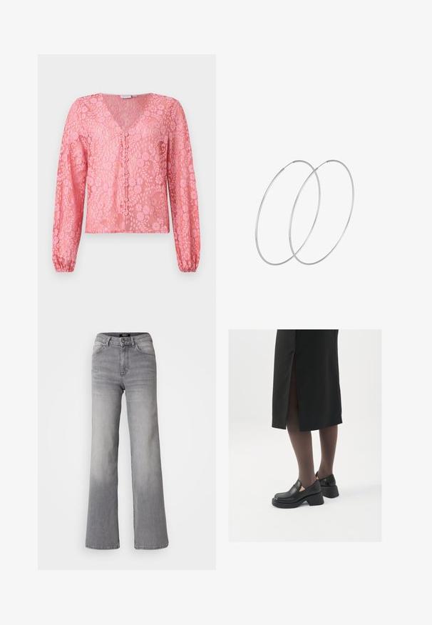 Lyserød blondebluse med lange ærmer, dyb V-udskæring og knaplukning foran. Blomstermønsteret og den teksturerede stof giver et delikat udseende.; Højtaljede grå denim jeans med lige ben, med frontknap og lynlås, foran og bagpå lommer, samt nedtoning på lår og lægge.; Sorte lædersko med rund tå, kraftig blokhæl og elastiske sideaccentuer, parret med mørke strømpebukser og en sort nederdel med slids.; Sølvøreringe med et minimalistisk design. Cirkulær form, glat tekstur og tynd profil. Letvægtige med en poleret overflade.