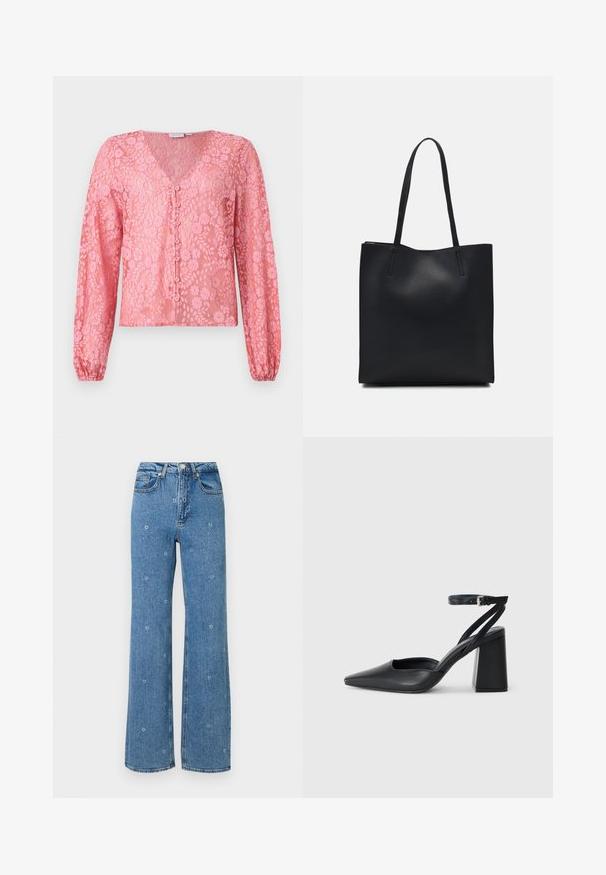 Rosa Spitzenbluse mit langen Ärmeln, tiefem V-Ausschnitt und Knopfverschluss. Das florale Muster und der strukturierte Stoff verleihen ein filigranes Erscheinungsbild.; Blaue, hoch taillierte Straight-Leg-Jeans mit kleinen, weißen Blumenstickereien, die über den Stoff verteilt sind.; Schwarze Leder-Pumps mit spitzer Zehe, einem Knöchelriemen und einem blockigen Absatz. Flache Textur, elegantes Design und minimalistische Ästhetik.; Schwarze Laptoptasche aus Leder mit glatter Textur, rechteckiger Form und zwei langen Griffen. Keine sichtbaren Beschläge oder Verzierungen.