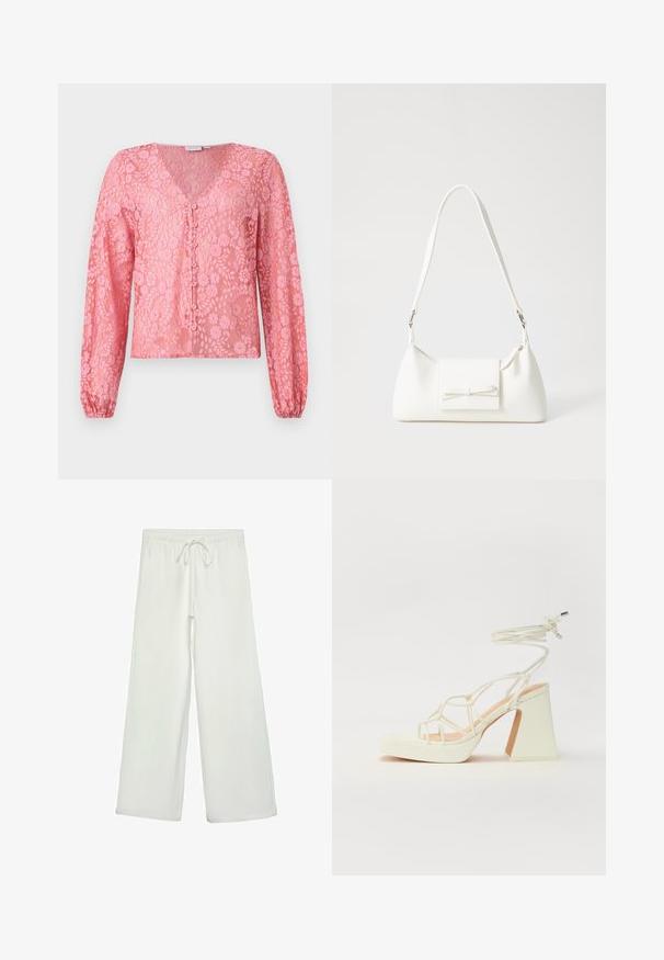 Lyserød blondebluse med lange ærmer, dyb V-udskæring og knaplukning foran. Blomstermønsteret og den teksturerede stof giver et delikat udseende.; Hvide bukser med bred ejer lavet af blødt stof. Har en elastisk talje med snor og en glat tekstur. Ingen synlige mønstre eller hardware.; Hvide højhælede sandaler med en kraftig hæl, der har et stropdesign og ankelbinding. Glat tekstur med en platform foran for ekstra højde.; Hvid syntetisk håndtaske med en trekantet form, flad forsideklap og sløjfedetalje, justerbar strop, glat tekstur og minimalistisk design.