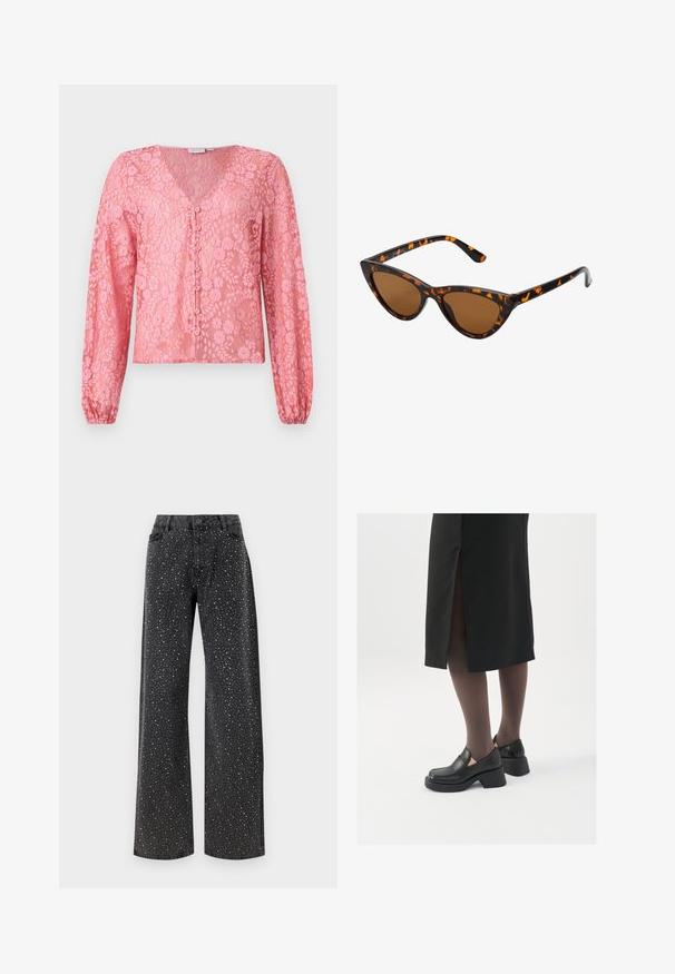 Lyserød blondebluse med lange ærmer, dyb V-udskæring og knaplukning foran. Blomstermønsteret og den teksturerede stof giver et delikat udseende.; Noisy May NMJANNEL LOOSE - Jeans Relaxed Fit - black denim; Sorte lædersko med rund tå, kraftig blokhæl og elastiske sideaccentuer, parret med mørke strømpebukser og en sort nederdel med slids.; Kat-ejede solbriller med en sort og orange skildpaddemønstret stel, brune linser og slanke, spidse ender. Har et minimalistisk logo på skabelsen.; Sølvøreringe med et minimalistisk design. Cirkulær form, glat tekstur og tynd profil. Letvægtige med en poleret overflade.