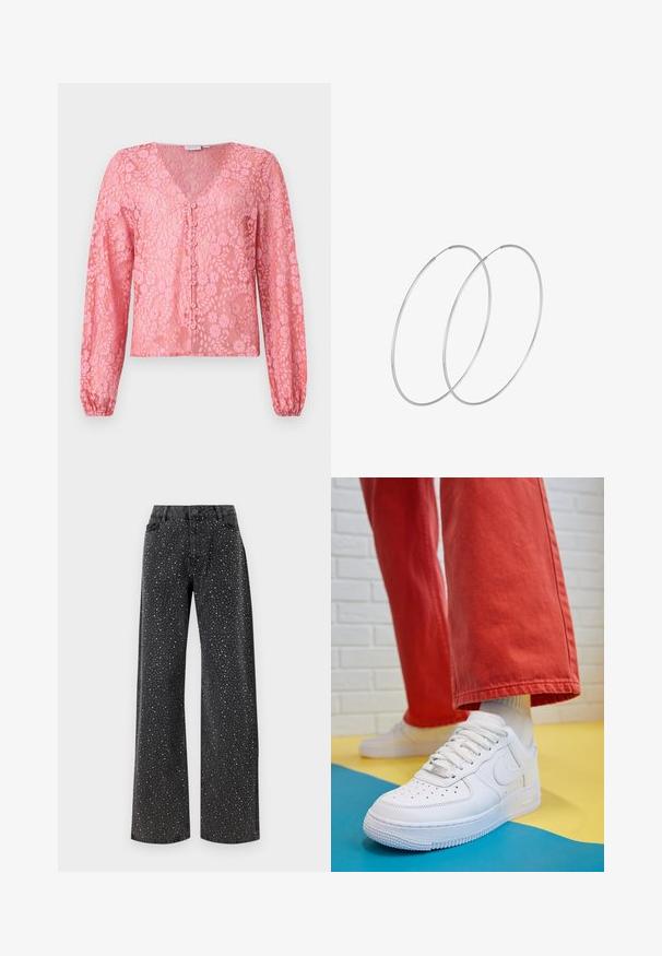 Lyserød blondebluse med lange ærmer, dyb V-udskæring og knaplukning foran. Blomstermønsteret og den teksturerede stof giver et delikat udseende.; Noisy May NMJANNEL LOOSE - Jeans Relaxed Fit - black denim; Hvide lædersneakers med perforeret tå-kasse, tekstureret sål og hvide snørebånd, parret med brede røde bukser og en blå-gul baggrund.; Sølvøreringe med et minimalistisk design. Cirkulær form, glat tekstur og tynd profil. Letvægtige med en poleret overflade.